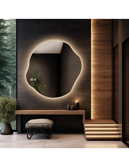 Kúpeľňové zrkadlo nepravidelného tvaru s digitálnymi hodinami - CYRKON LED PREMIUM