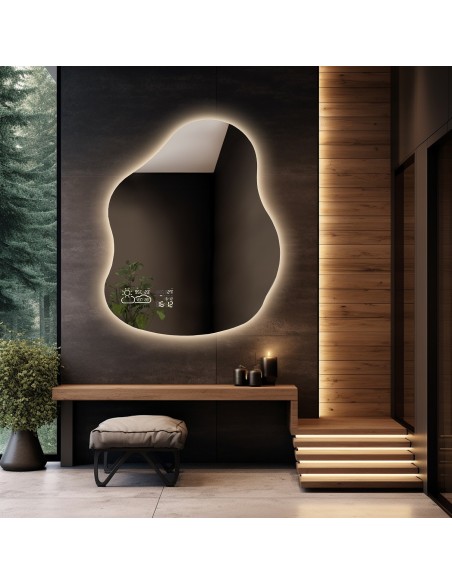Kúpeľňové zrkadlo nepravidelného tvaru s meteostanicou - STONE LED PREMIUM
