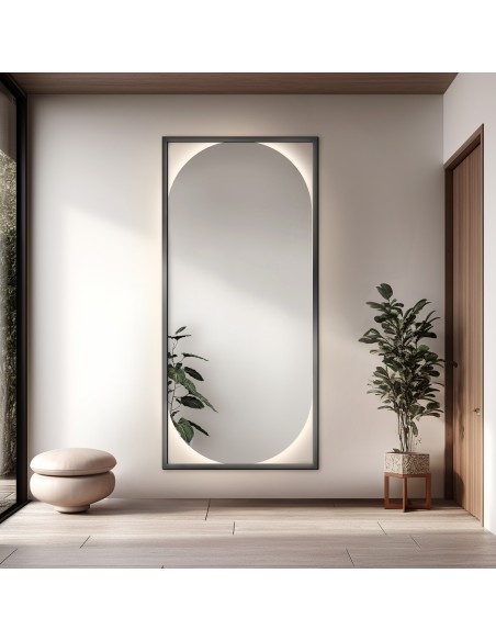 Moderné oválne zrkadlo v drevenom ráme s osvetlením - RENA LED