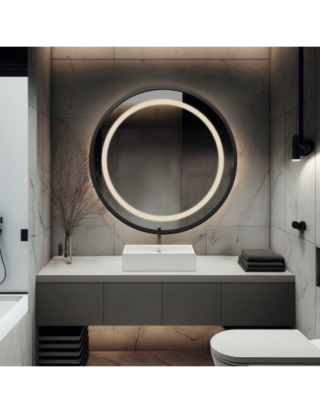 Okrúhle zrkadlo v čiernom matnom mdf ráme s pieskovaným podsvietením - LAURA LED - farba rámu podľa vášho výberu