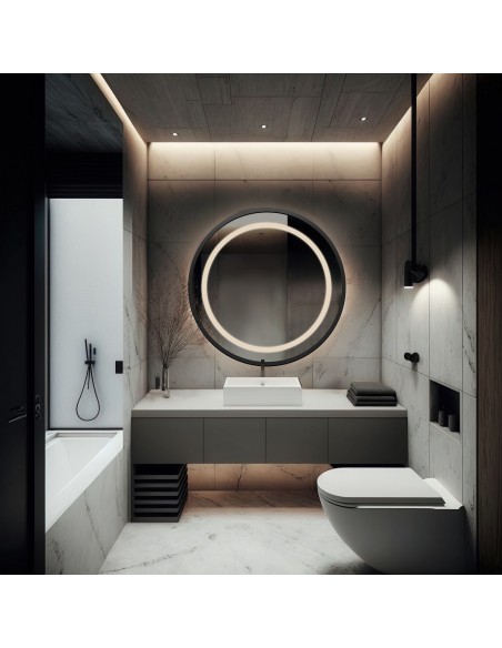 Okrúhle zrkadlo v čiernom matnom mdf ráme s pieskovaným podsvietením - LAURA LED - farba rámu podľa vášho výberu