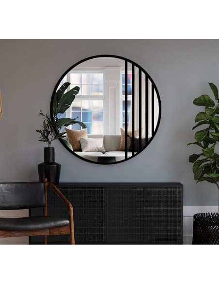 Okrúhle zrkadlo s priečkami v čiernom matnom loftovom MDF ráme – LOTIS – farba rámu na výber