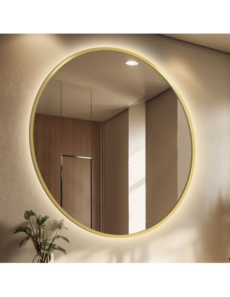 Okrúhle zrkadlo v zlatom MDF ráme SLIM s podsvietením - OTYLIA LED - farba rámu na výber