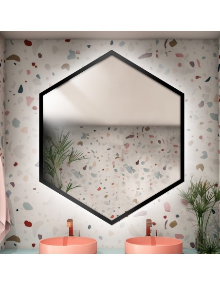 Zrkadlo geometrického tvaru v ráme s osvetlením – HEXA V RÁME LED