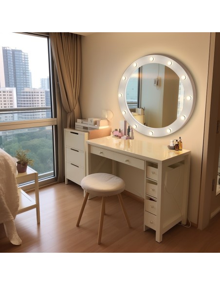 Okrúhle kozmetické zrkadlo so žiarovkami v ráme z MDF - NEW YORK