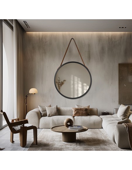 Okrúhle zrkadlo v čiernom matnom ráme na hnedom koženom remienku - OTTO PASEK BRONZE - farba rámu podľa vášho výberu