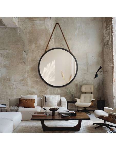 Okrúhle zrkadlo v čiernom matnom ráme na hnedom koženom remienku - OTTO PASEK BRONZE - farba rámu podľa vášho výberu