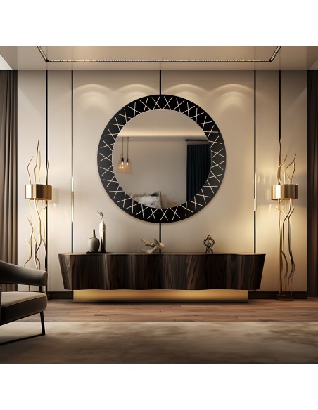 Okrúhle zrkadlo na čiernom Lacobeli so zlatým vzorom - LINIERO