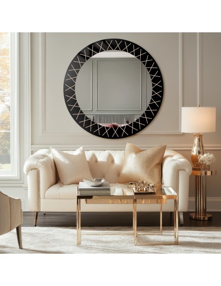 Okrúhle zrkadlo na čiernom Lacobeli so zlatým vzorom - LINIERO