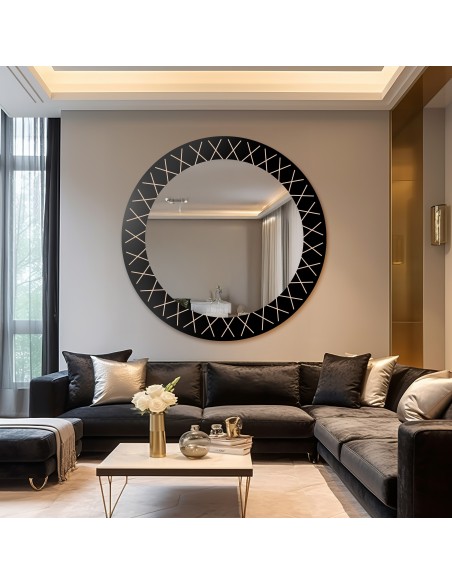 Okrúhle zrkadlo na čiernom Lacobeli so zlatým vzorom - LINIERO