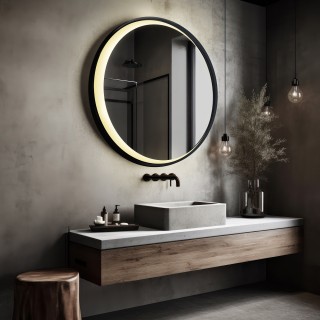 Okrúhle zrkadlo v čiernom MDF ráme s pieskovaným mesiacom LED – MIDNIGHT LED