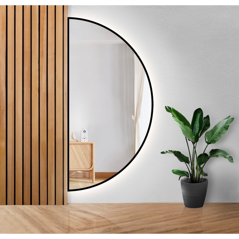 Zrkadlo polkruhové v čiernom ráme s osvetlením MDF SLIM - HILDA LED
