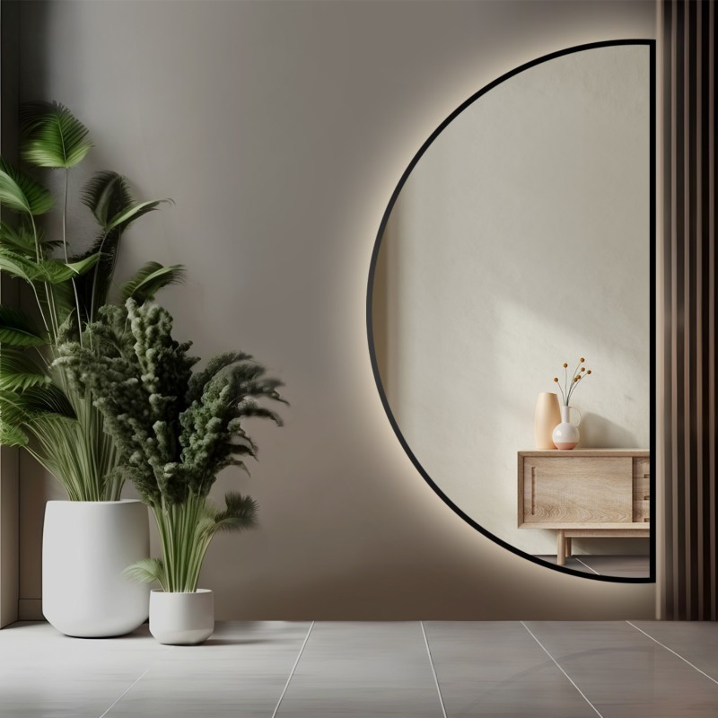 Zrkadlo polkruhové v čiernom ráme s osvetlením MDF SLIM - HILDA LED