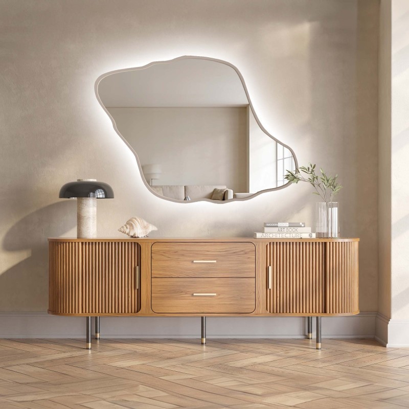 Zrkadlo s organickým tvarom v kašmírovom ráme z MDF s podsvietením – MARIS DUNE LED V RÁME