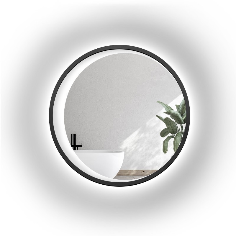 Okrúhle zrkadlo v čiernom MDF ráme s pieskovaným mesiacom LED – MIDNIGHT LED