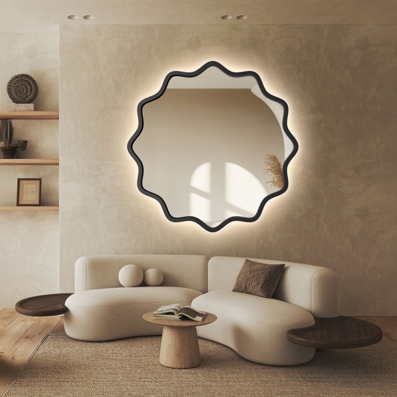Kruhové zrkadlo v vlnitom ráme z MDF s podsvietením – AQUARELLE NAYA LED