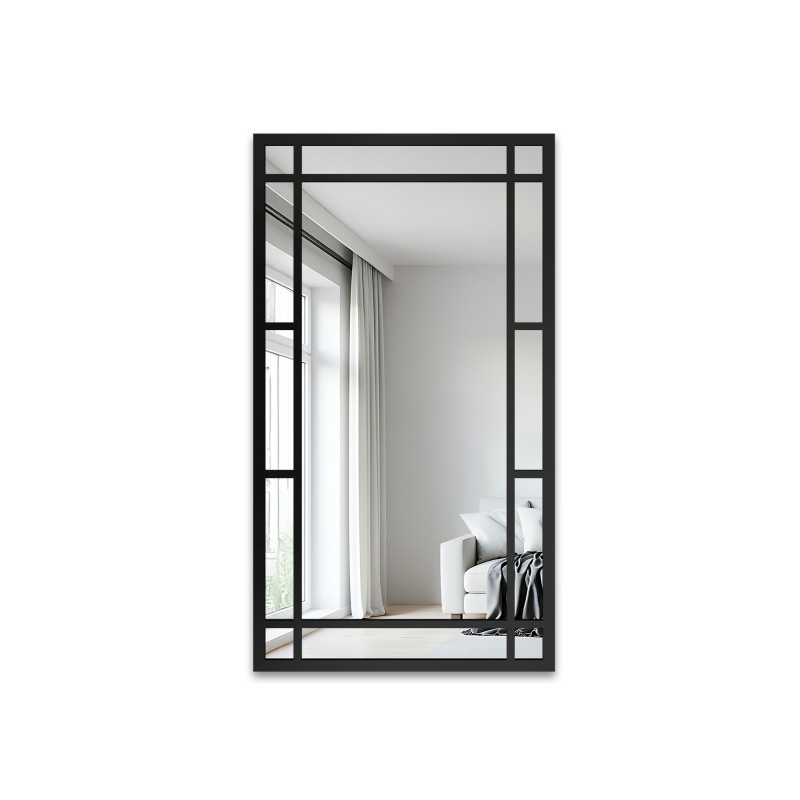 Loftové zrkadlo s mriežkou v čiernom ráme z MDF – SET