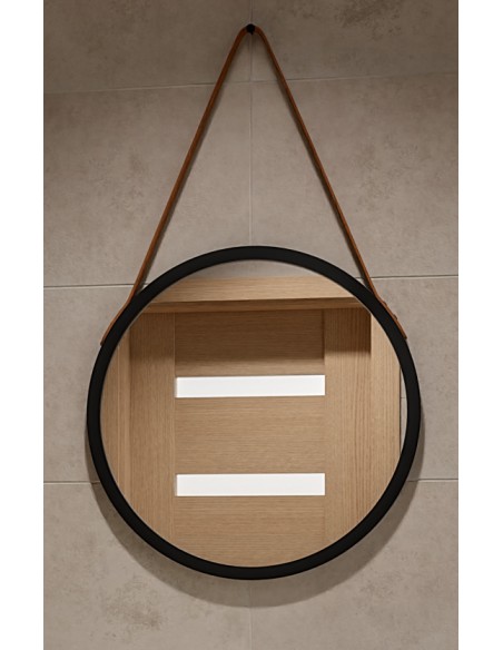 Okrúhle zrkadlo v čiernom matnom ráme na hnedom koženom remienku - OTTO PASEK BRONZE - farba rámu podľa vášho výberu