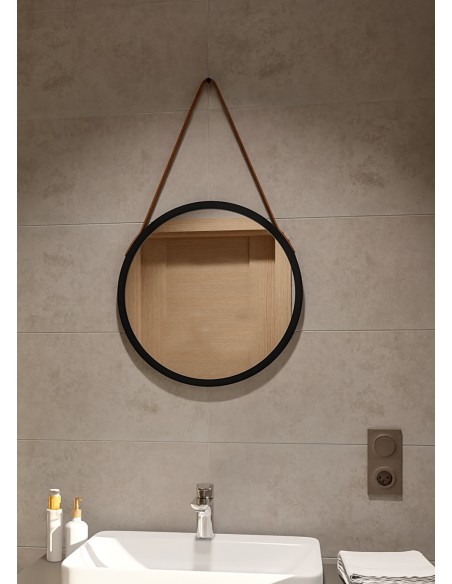 Okrúhle zrkadlo v čiernom matnom ráme na hnedom koženom remienku - OTTO PASEK BRONZE - farba rámu podľa vášho výberu