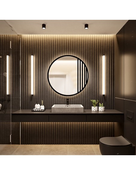 Okrúhle zrkadlo s priečkami v čiernom matnom loftovom MDF ráme s podsvietením – LOTIS LED – farba rámu na výber