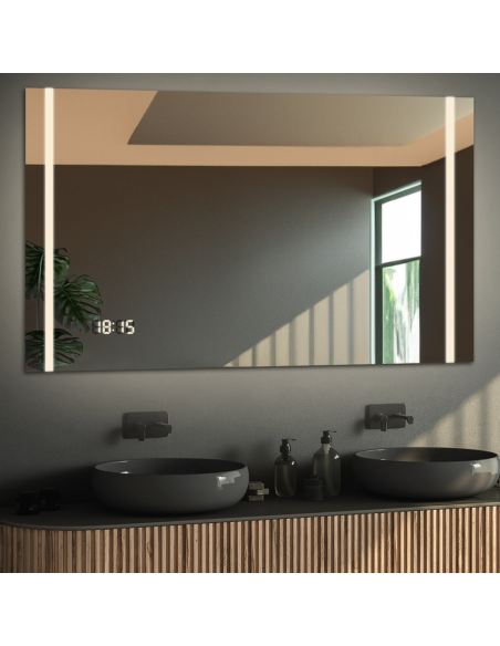 Obdĺžnikové kúpeľňové zrkadlo s digitálnymi hodinami - FLAWIA LED PREMIUM