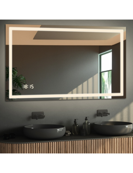Obdĺžnikové kúpeľňové zrkadlo s digitálnymi hodinami - EMI LED PREMIUM