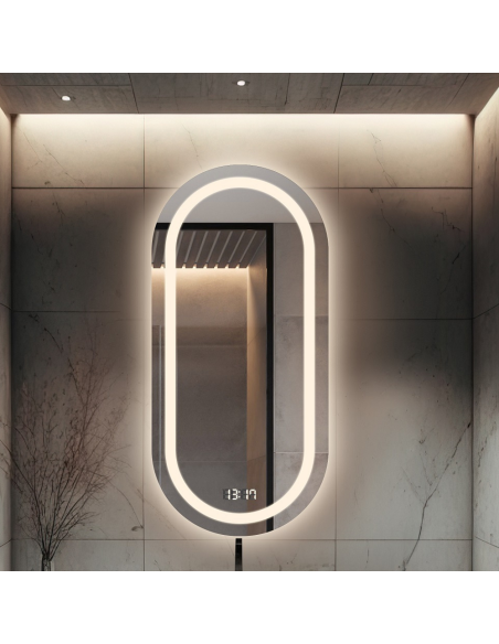 Kúpeľňové oválne zrkadlo s digitálnym hodinami - HOLI LED PREMIUM