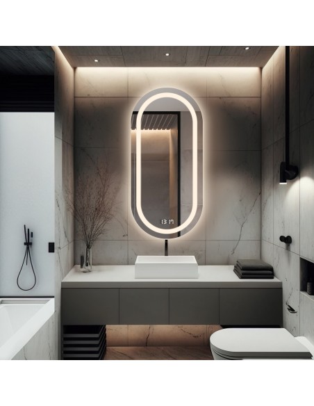 Kúpeľňové oválne zrkadlo s digitálnym hodinami - HOLI LED PREMIUM