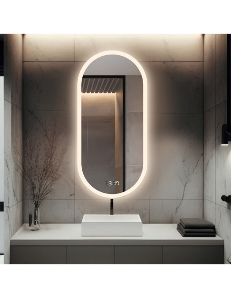 Kúpeľňové oválne zrkadlo s digitálnym hodinami - ROMI LED PREMIUM