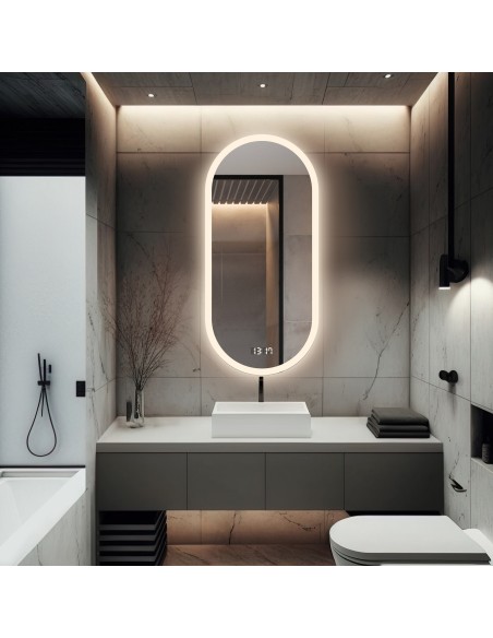 Kúpeľňové oválne zrkadlo s digitálnym hodinami - ROMI LED PREMIUM