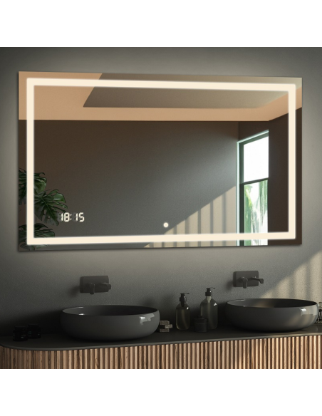 Kúpeľňové obdĺžnikové zrkadlo s digitálnymi hodinami a vypínačom - EMI LED PREMIUM