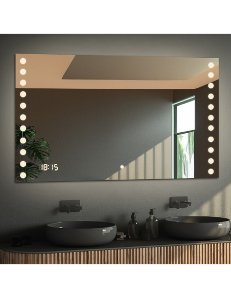 Kúpeľňové obdĺžnikové zrkadlo s digitálnymi hodinami a vypínačom - OLIWIA LED PREMIUM