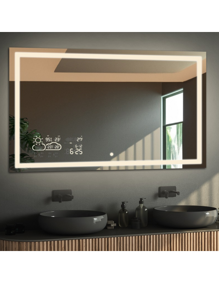 Kúpeľňové obdĺžnikové zrkadlo s meteostanicou a vypínačom - EMI LED PREMIUM
