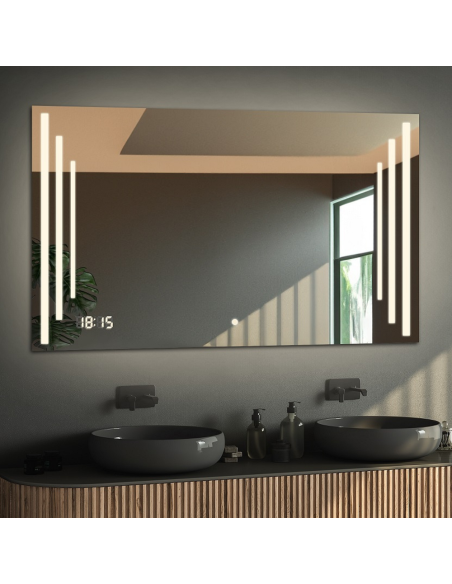 Kúpeľňové obdĺžnikové zrkadlo s digitálnymi hodinami a vypínačom - ALIS LED PREMIUM