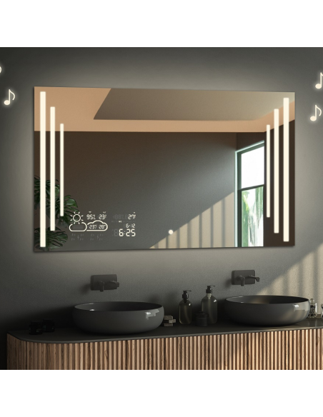 Kúpeľňové obdĺžnikové zrkadlo s meteostanicou, Bluetooth reproduktorom a vypínačom - ALIS LED PREMIUM
